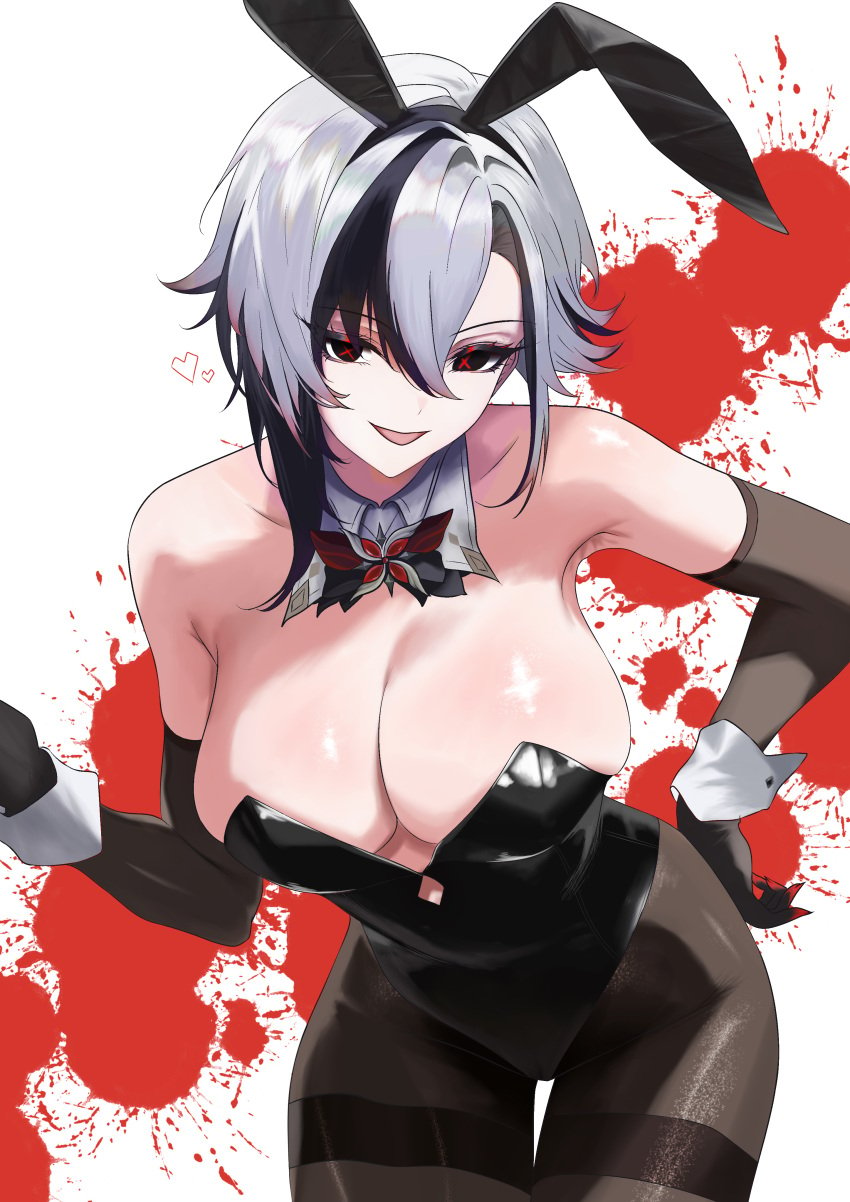 absurdres animal_ears arison arlecchino_(genshin_impact) black_eyes black_hair black_leotard breasts detached_collar fake_animal_ears female genshin_impact gloves hair_between_eyes highres large_breasts leotard looking_at_viewer multicolored_hair pantyhose playboy_bunny rabbit_ears red_pupils short_hair simple_background smile solo strapless strapless_leotard streaked_hair symbol-shaped_pupils two-tone_hair white_hair wrist_cuffs x-shaped_pupils