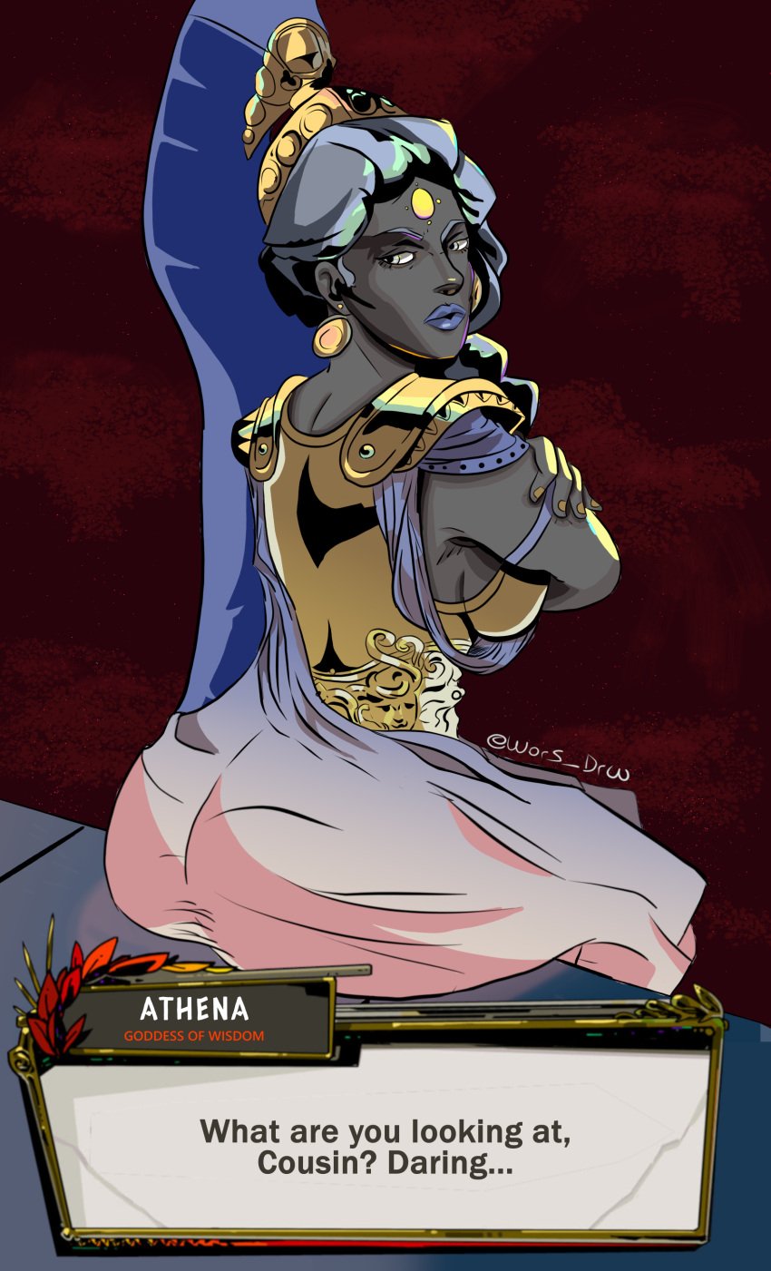 athena athena_(greek_mythology) athena_(hades) blue_lips earrings goddess greek_armor greek_mythology grey_skin hades_(game) looking_back silver_eyes text