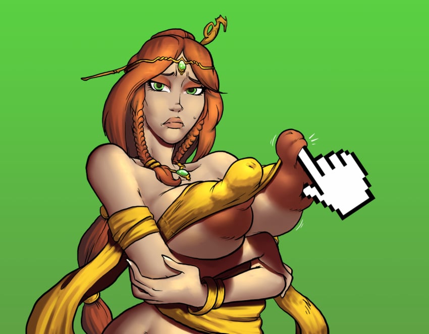 1girls arms_crossed_under_breasts arms_under_breasts asian_mythology big_breasts chinese_mythology female goddess hi-rez_studios huge_nipples light-skinned_female light_skin looking_at_viewer mechamonkeyz mythology nipple_slip nu_wa_(smite) red_hair smite sparrow_(artist) underboob