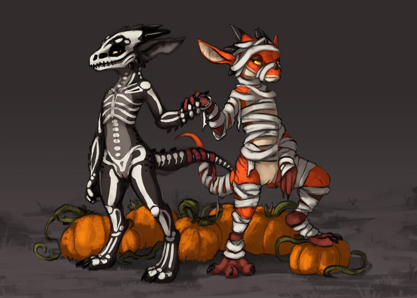 2019 anthro citrus_(character) duo female flamespitter food fruit garlicflamespitter halloween holidays keani kobold looking_at_viewer plant presenting pumpkin pussy scale