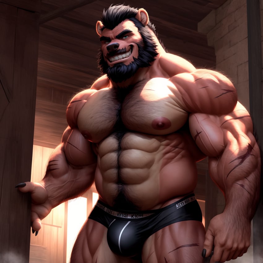 ai_generated anthro beard body_hair brown_skin chest_hait claws daddy detailed_background ears_up facial_hair hairy inside kuranoidss looking_at_viewer male mammal moustache muscular muscular_male sausa scars smile solo teeth ursid