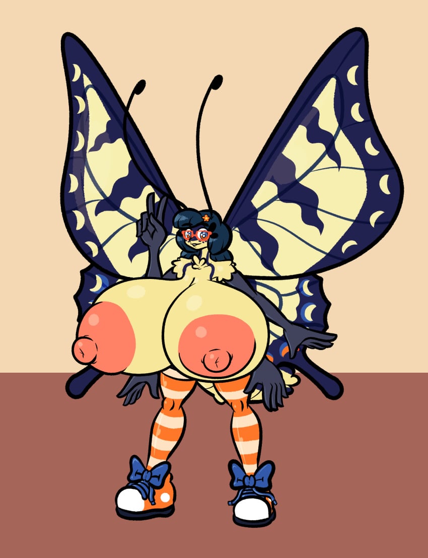 accessory antennae_(anatomy) anthro areola arthropod big_areola big_breasts big_nipples black_hair breasts butterfly clothing eyewear female footwear genitals gesture glasses hair hair_accessory hand_gesture hi_res huge_areola huge_breasts hyper hyper_breasts insect_wings insects legwear lepidopteran lepidopteran_wings multi_arm multi_limb multicolored_eyes nipples non-mammal_breasts pattern_clothing pattern_legwear pattern_stockings pink_nipples puffy_nipples pussy shoes simple_background sneakers solo sprucy stockings striped_clothing striped_legwear striped_stockings stripes two_tone_eyes v_sign wings yellow_body