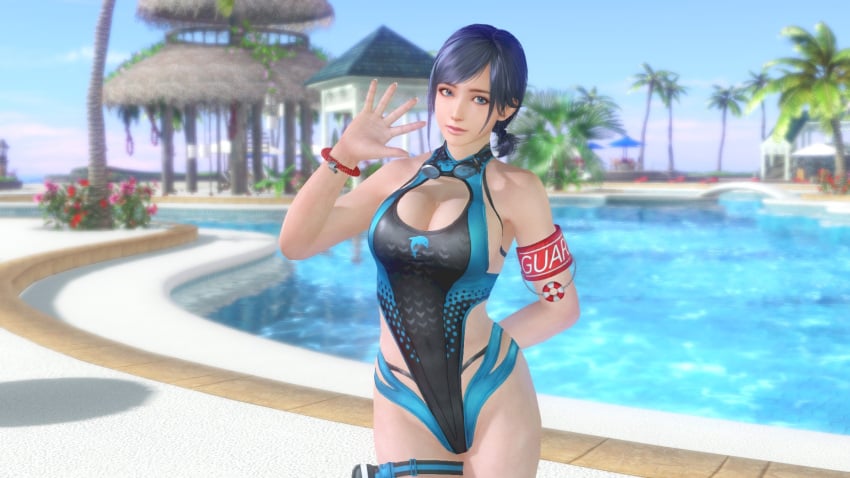 1girls alluring bare_legs big_breasts blue_eyes blue_hair cleavage cleavage_cutout dead_or_alive dead_or_alive_xtreme_venus_vacation fwcnm99999 highleg_bikini one-piece_bikini outside pin_up reika_(doa) swimming_pool tecmo