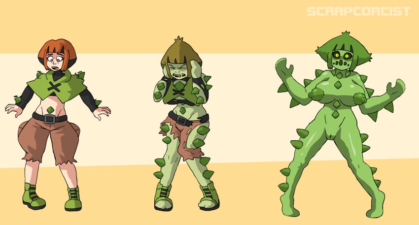 1girls 2019 alternate_breast_size alternate_species anthro anthrofied belt boots bottomwear breast_expansion breasts cacturne cactus closed_eyes clothes clothing eye_contact female flora_fauna footwear gardenia_(pokemon) green_hair green_sclera green_skin gym_leader hair hi_res huge_breasts human looking_at_viewer mammal midriff nintendo nipples nude open_mouth orange_hair pants plant pokemon pokemon_(species) pokemon_dppt pokemon_rse pussy red_eyes scrapcorcist sequence shirt shoes shorts solo species_transformation spikes standing surprise text thigh_gap torn_clothes torn_clothing transformation transformation_sequence video_games watermark wince yellow_background yellow_eyes