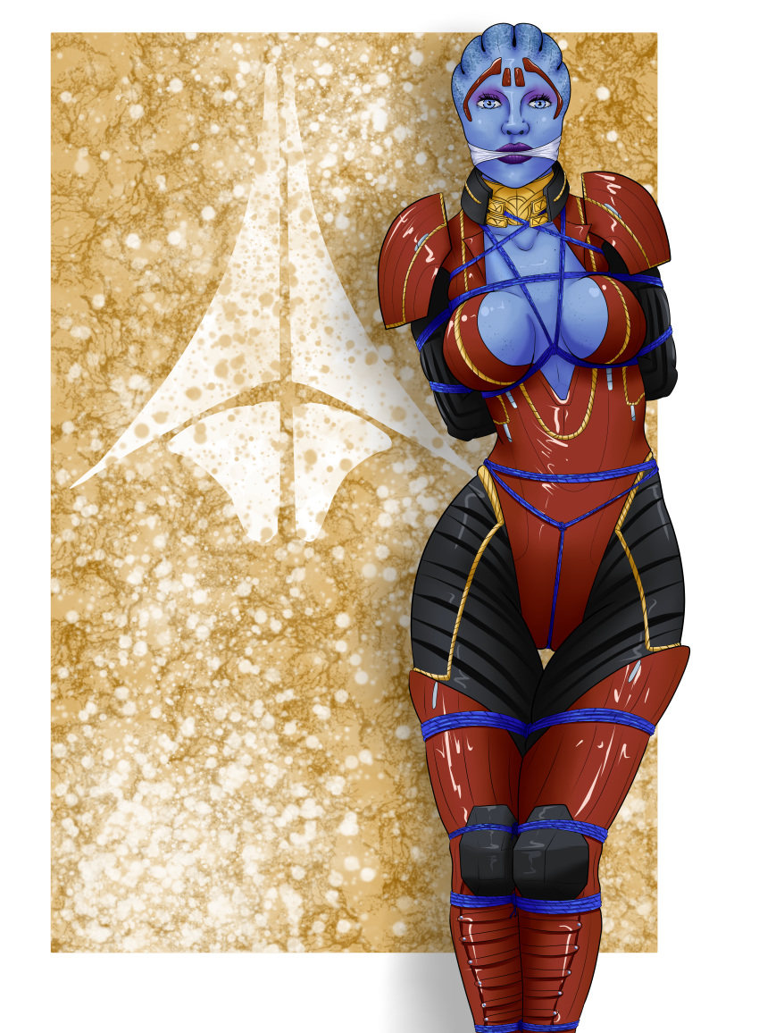 asari blue_skin bondage bound cleavage crotch_rope female female_only femsub fully_clothed gag mass_effect meowitzher png rope samara