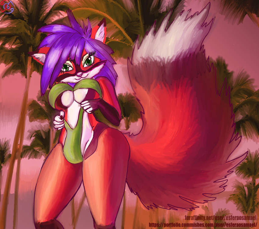 2019 anthro breasts canid canine cleavage detailed_background esferaosamael female female_focus female_only fox green_eyes hair looking_at_viewer mammal original original_character outside palm_tree purple_hair solo standing tree underboob wesleyfoxx