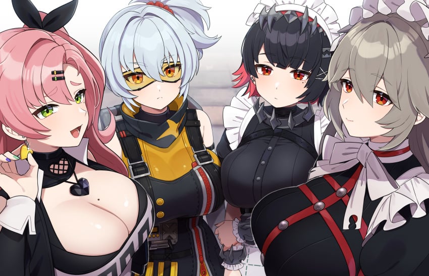 4girls absurdres alexandrina_sebastiane black_dress black_hair breasts dress ellen_joe gloves green_eyes grey_hair hair_between_eyes hair_ornament hair_ribbon hairclip highres kinakosuki large_breasts long_hair looking_at_viewer maid maid_headdress mole mole_on_breast mole_under_eye multicolored_hair multiple_girls nicole_demara orange_eyes pink_hair red_eyes ribbon smile soldier_11_(zenless_zone_zero) tail tinted_eyewear visor white_hair zenless_zone_zero