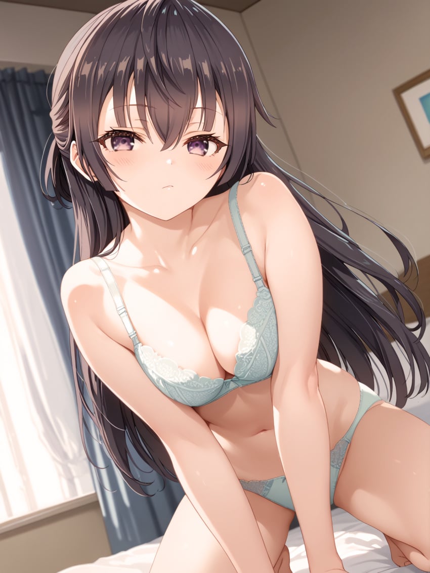 ai_assisted ai_generated bare_arms bare_belly bare_legs bare_shoulders bare_thighs barefoot bed bed_sheet belly_button blush bra breasts brown_eyes brown_hair cleavage closed_mouth collarbone feet lace-trimmed_bra lace-trimmed_panties long_hair medium_breasts on_knees panties sakura_locked shiny_skin suou_yuki thighs toes tokidoki_bosotto_russian_de_dereru_tonari_no_alya-san underwear underwear_only white_bra white_panties