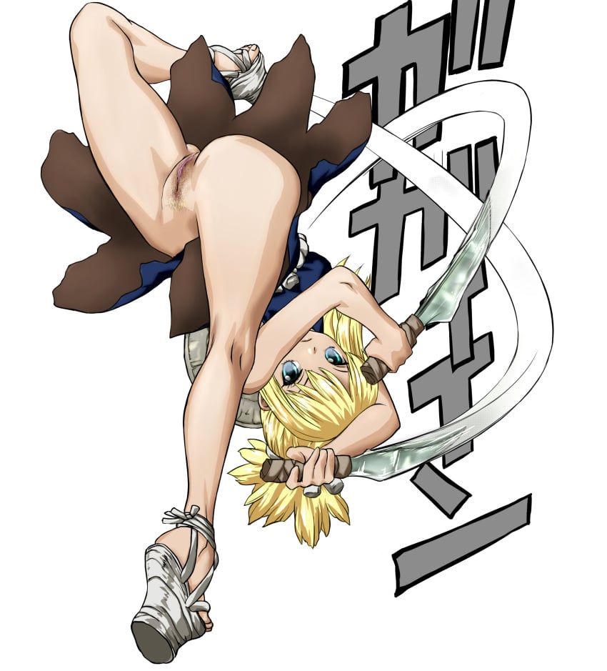 auge_(akd) blonde_hair daggers dr.stone dual_wielding female high_resolution kohaku_(dr.stone) leg_lift no_panties pubic_hair pussy uncensored white_background