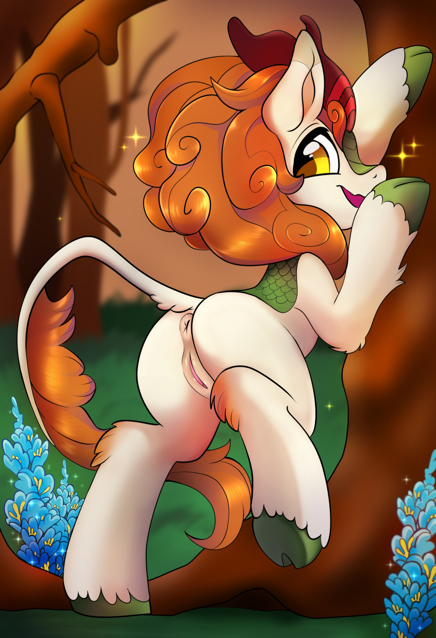 absurd_res anus asian_mythology autumn_blaze_(mlp) chinese_mythology east_asian_mythology female feral friendship_is_magic hi_res kirin looking_back my_little_pony mythology pussy techycutie tree virtual_youtuber