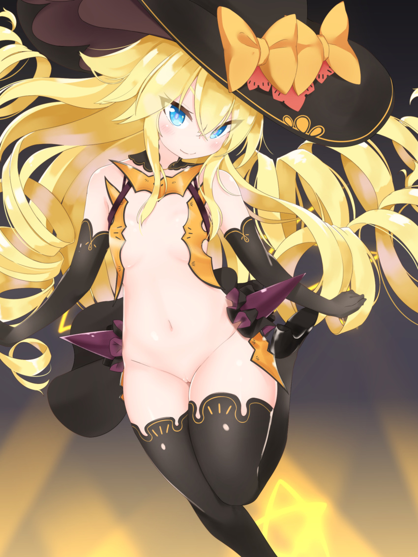 azur_lane black_legwear blonde_hair blue_eyes breasts drill_hair elbow_gloves female gloves halloween highres long_hair multiple_bows navel no_panties nude pussy quad_drills revealing_clothes showgirl_skirt small_breasts smalley_(azur_lane) smalley_(candy_courier)_(azur_lane) solo thighhighs twin-7646 witch witch_costume