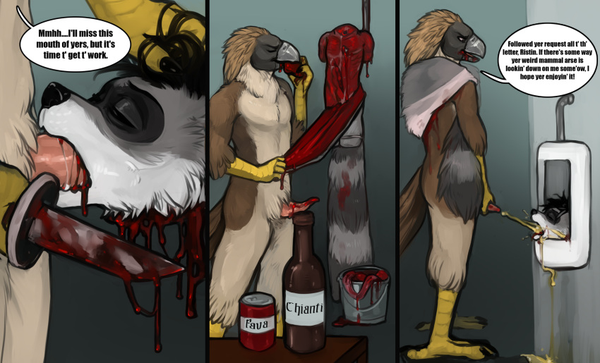 2019 accipitrid accipitriform alcohol anthro avian balls beak bird blood bodily_fluids bucket cannibalism closed_eyes death decapitation dialogue digital_media_(artwork) duo eagle english_text erection feathers fur genital_fluids gore gradient_background guts hair hi_res intestines knife male mammal necrophilia nude open_mouth oral peeing penis philippine_eagle pirate_eagle signature silence_of_the_lambs simple_background skinning smile snuff solo standing talons text torakuta urinal urine