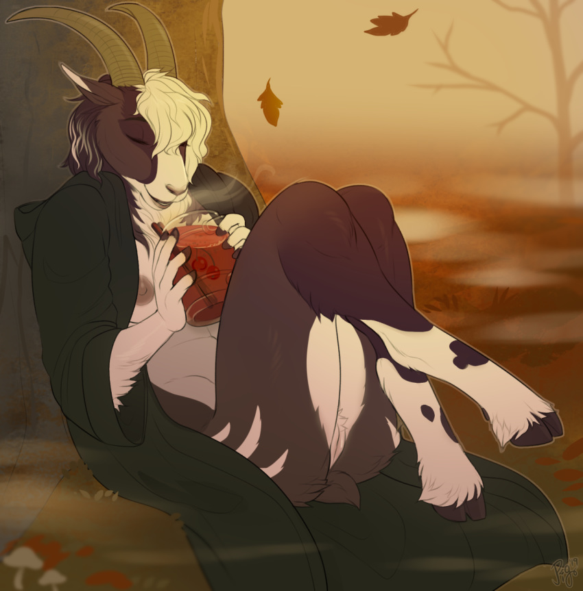 anthro autumn beverage bovid breasts caprine casual_nudity cider closed_eyes clothed clothing cloven_hooves curved_horn drinking female goat hair hi_res hooves horn leaf mammal nipples open_robe outside partially_clothed pig_(artist) pussy robe short_tail smile solo tree