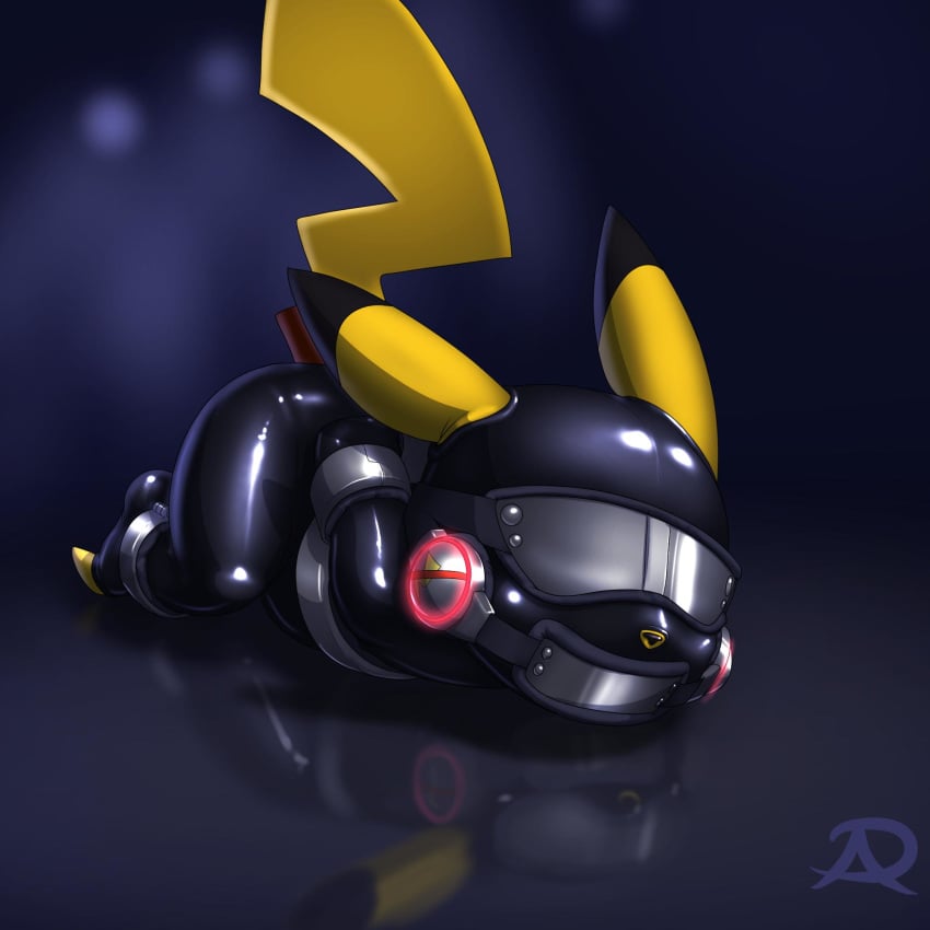 1boy 2018 anthro anthrofied blindfold bondage bound clothed furry gag gimp_suit hi_res lying mammal nintendo pikachu pokémon_(species) pokemon pokemon_rgby radasus reflection rodent rubber sensory_deprivation solo text video_games watermark