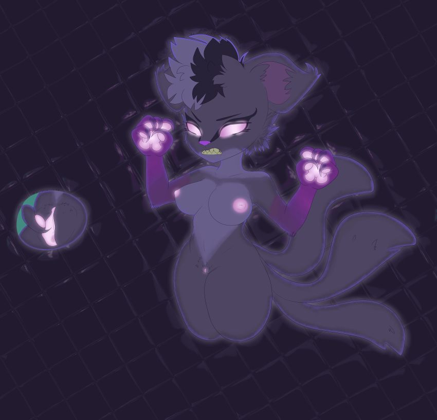 2019 5_fingers absurd_res angry anthro anthrofied areola big_breasts bioluminescence breasts canid canine claws digital_media_(artwork) domestic_cat felid feline felis female feral fingers fur ghost glowing glowing_eyes glowing_genitalia glowing_nipples glowing_pussy hair hi_res looking_at_viewer luigi's_mansion mammal mario_(series) multicolored_hair nintendo nipples nude open_mouth pawpads paws polterkitty purple_glow pussy solo spirit superabsurd_res teeth thick_thighs toebeans translucent two_tone_hair video_games zunknown