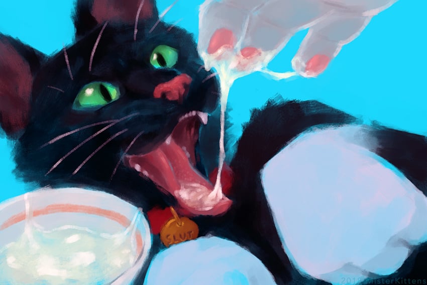 2018 ambiguous_gender anthro artist_name black_body black_fur bodily_fluids bowl claws collar cum cum_in_bowl cum_in_mouth cum_inside cum_on_hand cum_string digital_media_(artwork) digital_painting_(artwork) domestic_cat drinking drinking_cum duo english_text fangs felid feline felis feral front_view fur genital_fluids green_eyes looking_at_another mammal misterkittens pawpads paws sica_(sicarus) signature solo_focus teeth text three-quarter_view tongue tongue_out whiskers white_body white_fur