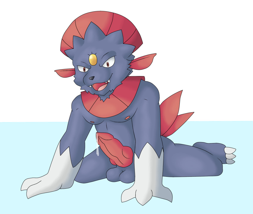 altenusy anthro ass blush bodily_fluids breasts claws genital_fluids hi_res male male_only mammal nintendo nude open_mouth penis pokémon_(species) pokemon red_eyes simple_background smile solo video_games weavile