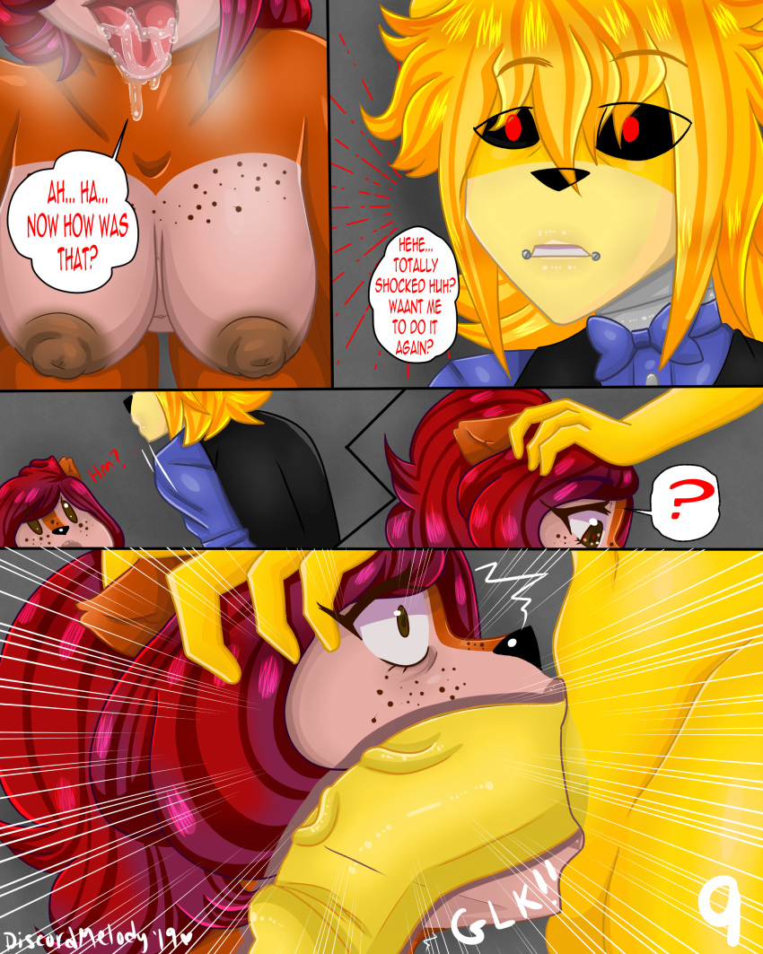 absurd_res animatronic anthro blush bodily_fluids breasts clothing comic deepthroat discordmelody drooling fellatio female five_nights_at_freddy's freckles glans golden_freddy_(fnaf) hi_res jasmine_ivory lips machine male mammal nipples oral penile penis robot saliva sex straight tongue video_games yellow_glans yellow_penis