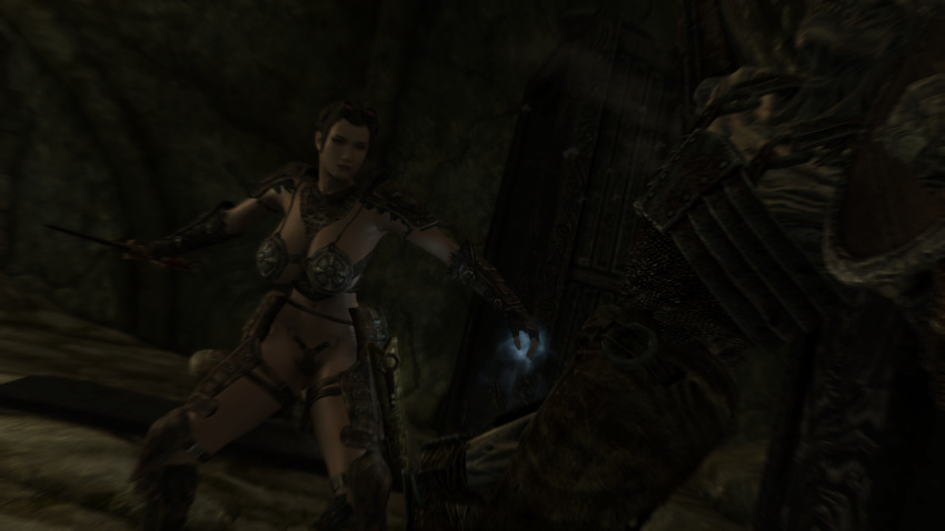 bethesda_softworks bikini_armor breton cleavage dagger dark_image dungeon female game_screenshot indoors large_breasts leather screencap short_hair skyrim the_elder_scrolls thick_thighs thong