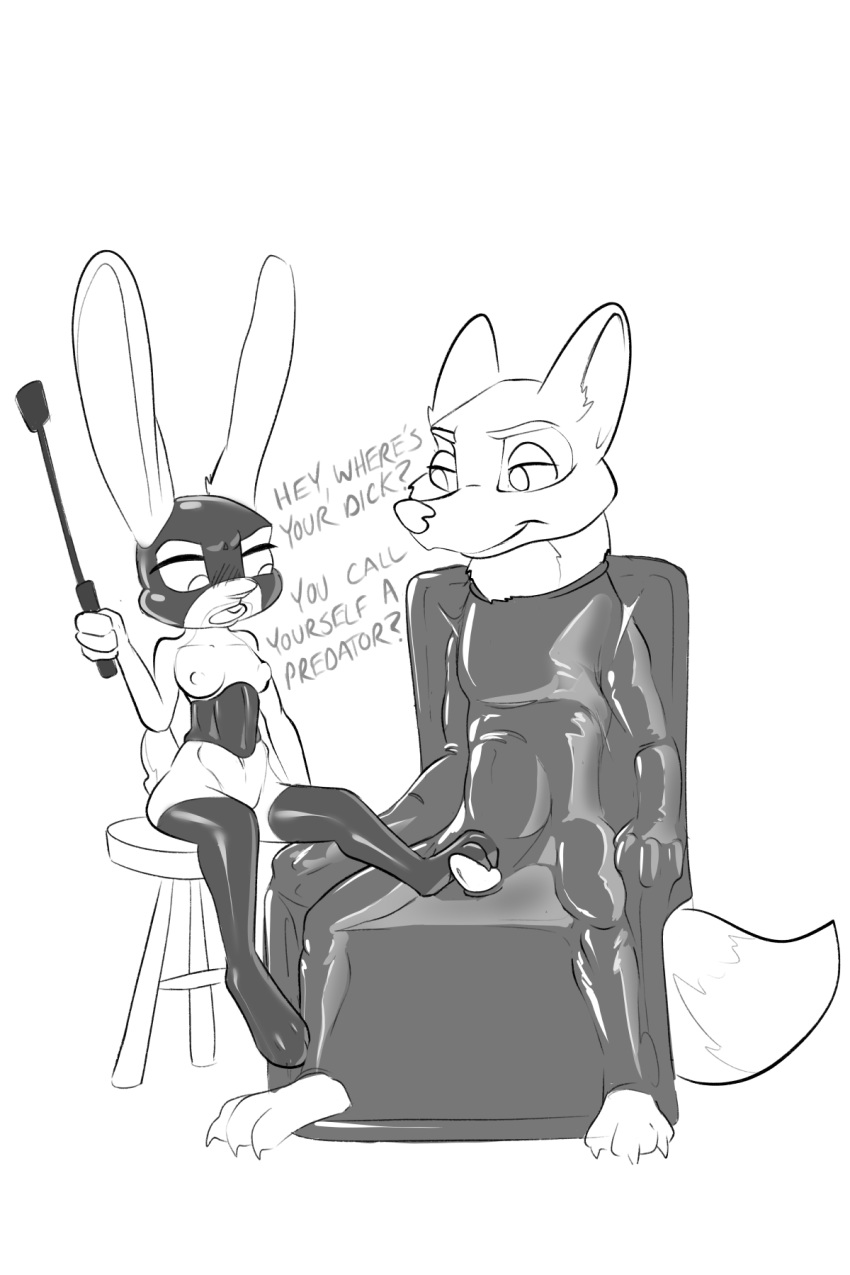 ? anthro anthro_on_anthro black_and_white blazera bondage breasts buckteeth canid canine clothing dialogue disney domination dominatrix duo english_text female female_domination fox furniture hi_res holding_object judy_hopps lagomorph leporid looking_at_another male malesub mammal mask monochrome nick_wilde nipples open_mouth penis rabbit rubber simple_background sitting small_breasts stockings stool straight teeth text white_background zootopia