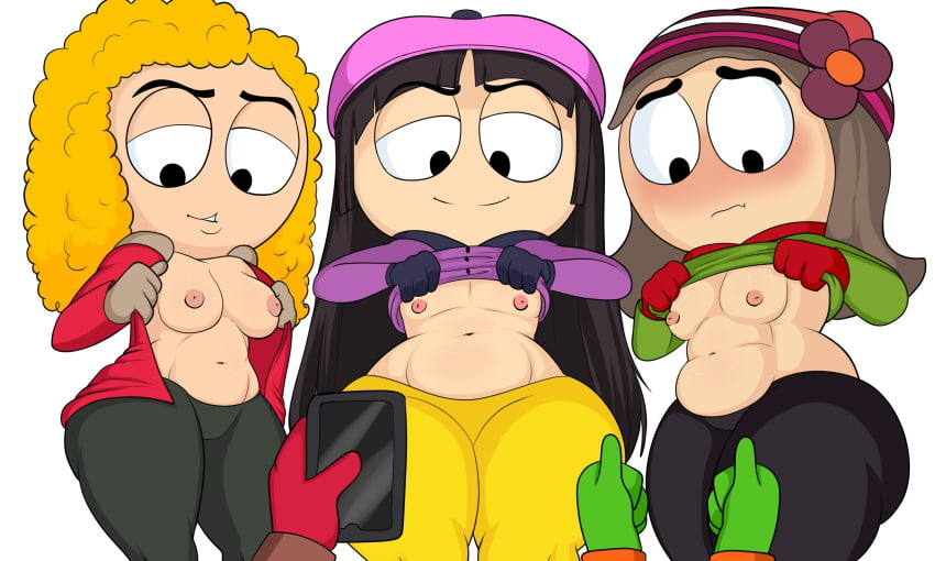 1boy 3girls bebe_stevens blackwhiplash boobs breasts bwl female flashing flat_chest flat_chested heidi_turner iphone kyle_broflovski male mobile_phone nipples phone presenting_breasts shirt_lift south_park stan_marsh wendy_testaburger