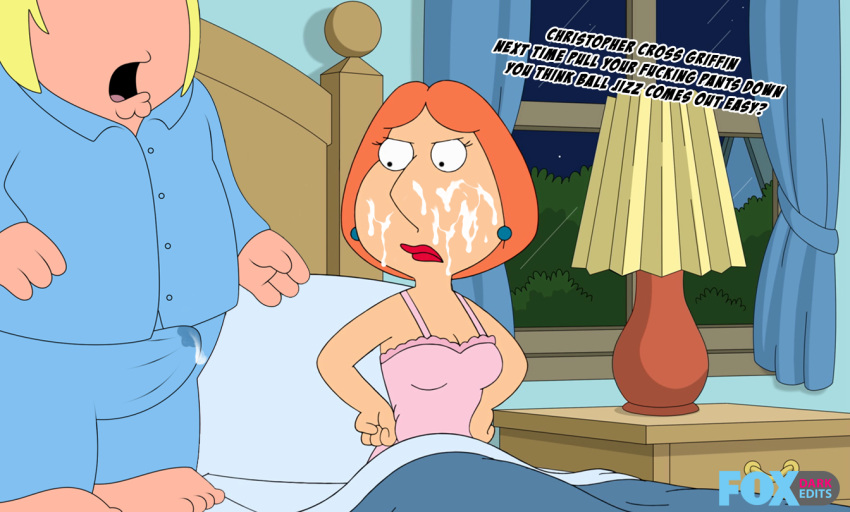 bed chris_griffin cum edit family_guy foxdarkedits incest lois_griffin picot_trim picot_trim_lingerie pink_lingerie red_lipstick screenshot screenshot_edit