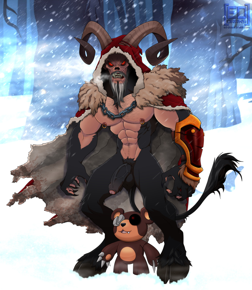 balls beard claws cloak clothing demon ed_draws facial_hair fangs hi_res hooves horn humanoid_penis krampus male male_only mammal monster muscular nipple_piercing nipples penis piercing snow solo teddy_bear uncut ursid vein veiny_penis