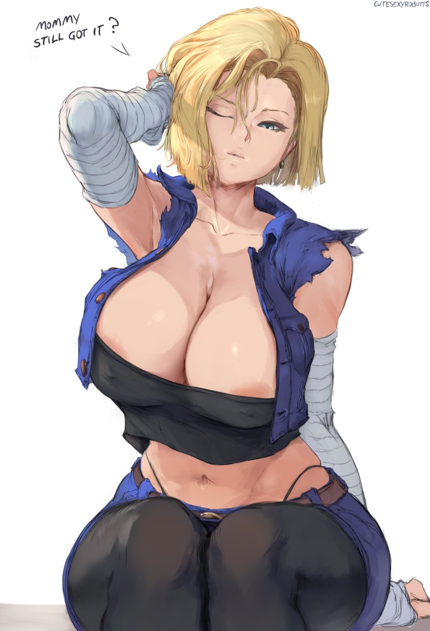 1girls 2d android android_18 areola_slip areolae armpits artist_name blonde blonde_hair blue_eyes breasts breasts_bigger_than_head cleavage cutesexyrobutts dialogue dragon_ball dragon_ball_z earring english_text female female_only huge_breasts human light-skinned_female light_skin looking_at_viewer milf one_eye_closed pale-skinned_female pale_skin plain_background short_hair shounen_jump simple_background solo text thick_thighs watermark white_background wide_hips