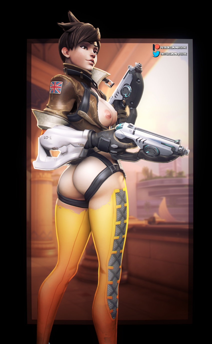 1girls 3d ass balcony brown_eyes brown_hair female gun jacket leather light-skinned_female light_skin long_legs medium_hair mrfestive open_jacket overwatch pose public ripped_clothing solo solo_female source_filmmaker straight_hair thick thick_lips tracer