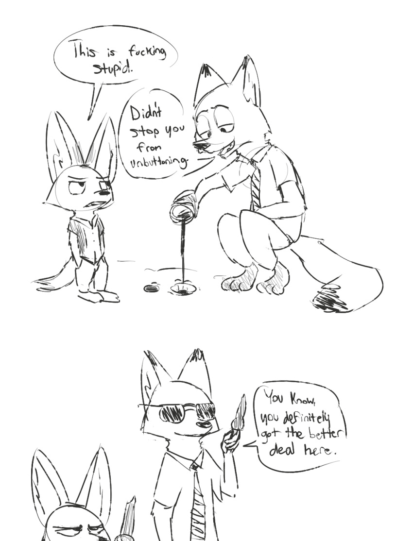 anthro barefoot black_and_white bottomwear canid canine clothed clothing comic dialogue disney duo english_text eyewear fennec finnick food fox glasses hi_res holding_object male male_only mammal monochrome necktie nick_wilde pants penis popsicle shirt simple_background sketch speech_bubble sunglasses text topwear visiti white_background zootopia