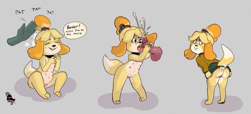 2019 ambiguous_gender animal_crossing anthro ass balls bodily_fluids canid canine canis clothed clothing cum cumshot darkened_genitals digital_media_(artwork) disembodied_hand disembodied_penis domestic_dog ejaculation female female/ambiguous fur genital_fluids hair hi_res isabelle_(animal_crossing) male mammal multi_nipple newd nintendo nipples no_underwear nude open_mouth orgasm penis petting praise pussy shih_tzu simple_background straight toy_dog upskirt video_games