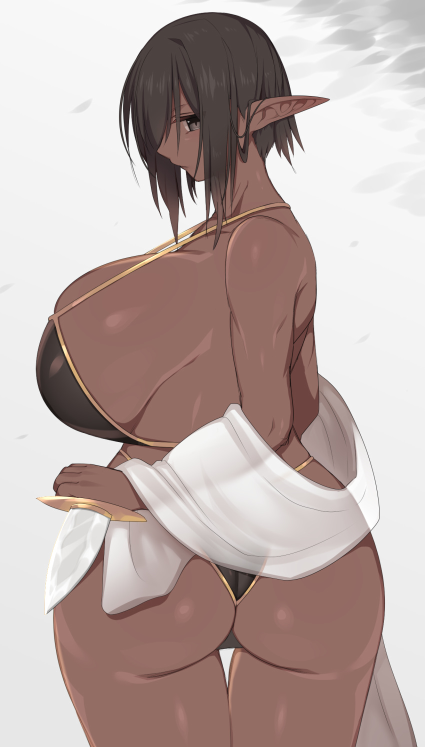 1girls ass bikini cleavage dagger dark-skinned_female dark_elf dark_skin elf elf_ears female female_only huge_ass huge_breasts looking_back mofuaki original pointy_ears revealing_clothes serious short_hair sideboob skimpy solo solo_female swimsuit thong_bikini