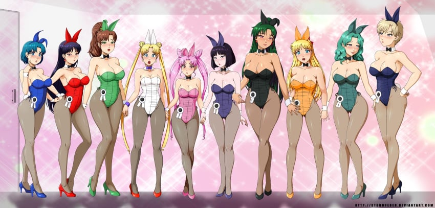 10girls 6+girls ami_mizuno bishoujo_senshi_sailor_moon blush bob_cut bow bunny_ears bunnysuit chibi_usa clothing double_bun fake_animal_ears female female_only green_hair hair_bun haruka_tenou high_heels hotaru_tomoe large_breasts lipstick makoto_kino medium_breasts michiru_kaiou minako_aino multiple_girls pantyhose ponytail rei_hino sailor_chibi_moon sailor_jupiter sailor_mars sailor_mercury sailor_moon sailor_pluto sailor_saturn sailor_uranus sailor_venus setsuna_meiou short_hair small_breasts stormfeder take_your_pick usagi_tsukino