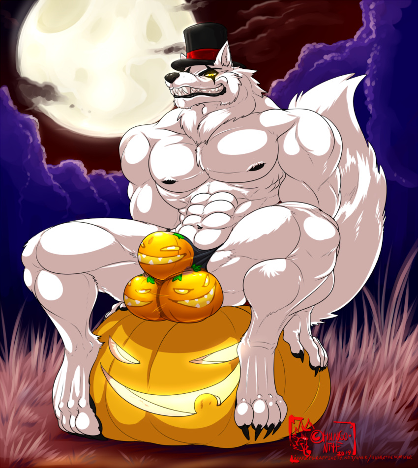 2019 4_toes 5_fingers abs anthro biceps biped bulge canid canine canis claws clothing digitigrade eyebrows fingers food fruit full_moon fur grin hat headgear headwear hi_res hungothenomster jack-o'-lantern looking_at_viewer male male_only mammal moon muscular muscular_male muscular_thighs night nipples pecs plant pumpkin sharp_teeth sitting smile solo speedo swimwear teeth tight_underwear toe_claws toes top_hat were werecanid werecanine werewolf white_body white_fur white_skin wolf yellow_eyes