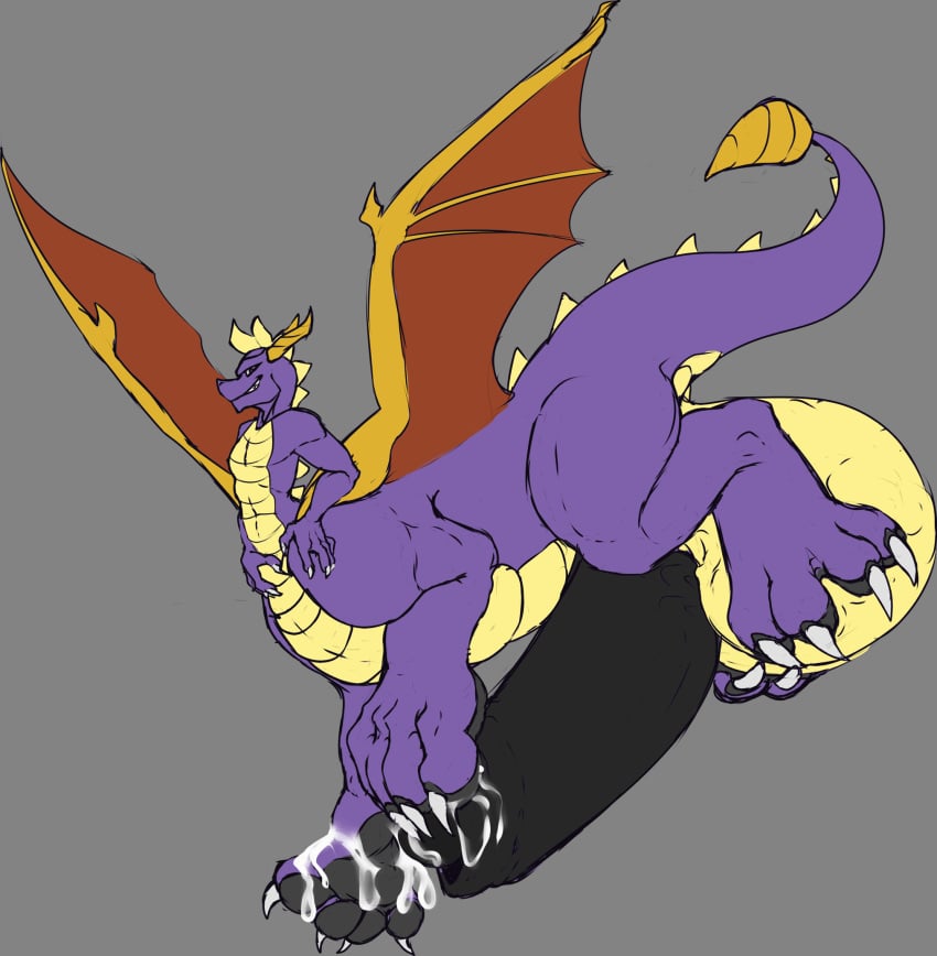 2019 4_toes activision balls black_paws bodily_fluids cum dragon dragon_taur fluffyblarg genital_fluids hi_res horn hyper hyper_penis male male_only nude orange_wings penis purple_body purple_skin scales simple_background slinkydragon_(colorist) solo spyro spyro_the_dragon taur toes video_games wings yellow_body yellow_horn yellow_scales