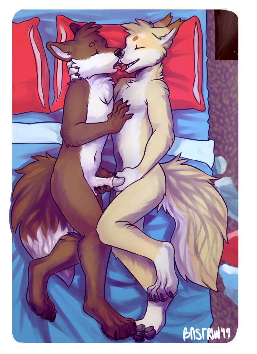 2019 anthro bastriw bed canid canine digital_media_(artwork) duo erection foreplay fox furniture hi_res humanoid_penis kissing male male/male mammal masturbation nude penis simple_background smile