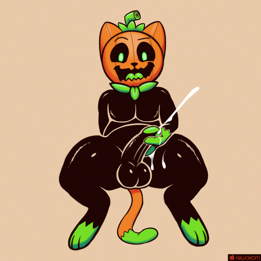 1:1 animate_inanimate anthro arwokom balls belly black_body black_sclera black_skin bodily_fluids cum cum_on_hand domestic_cat ejaculation erection felid feline felis flora_fauna food food_creature fruit genital_fluids glistening halloween hi_res holidays humanoid_penis living_fruit looking_at_viewer looking_pleasured male male_only mammal masturbation open_mouth penile penile_masturbation penis plant plant_humanoid pumkat pumpkin pumpkin_head simple_background solo spread_legs spreading suggestive suggestive_food thick_thighs tongue