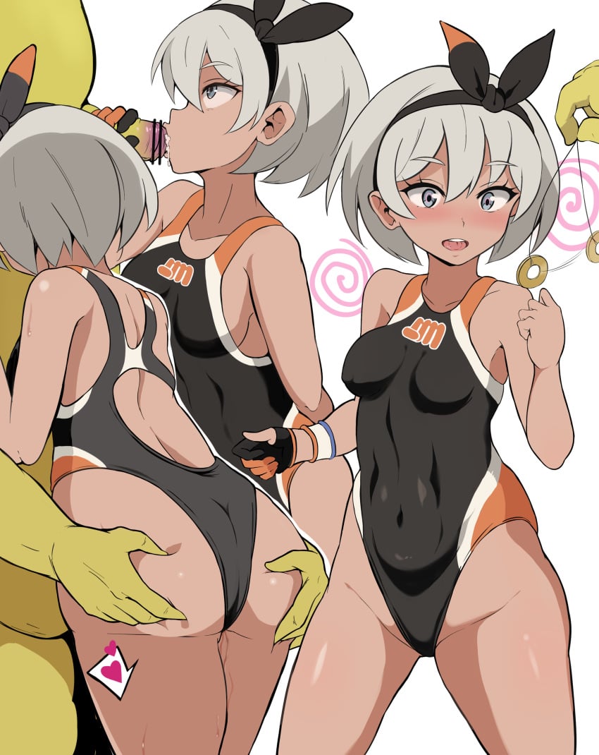 1boy 1girls abs absurdres alternate_outfit ass ass_grab ass_grab_from_front bar_censor bare_shoulders bea_(pokemon) black_gloves black_hairband black_swimsuit blush censored clothed_female_nude_male collarbone covered_navel cum dark_skin fellatio female from_behind from_side gloves grey_hair groping gym_leader hairband handjob heart highres hypno hypnosis larger_male looking_at_another looking_up mind_control multicolored multicolored_clothes multicolored_swimsuit multiple_views open_mouth oral orange_gloves orange_swimsuit pendulum pokemon pokemon_(species) pokemon_rgby pokemon_ss pokephilia pussy_juice pussy_juice_trail short_gray_hair short_hair sideboob simple_background single_glove size_difference small_breasts smaller_female spiral spoken_heart sweat swimsuit two-tone_gloves verseir_001 wet white_background yellow_skin