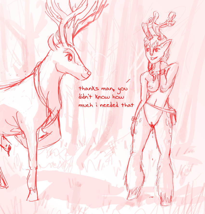 after_sex animal_genitalia anthro anthro_on_feral battlerite blossom_(battlerite) bodily_fluids cervid cum dialogue digital_media_(artwork) faun female feral floaff genital_fluids hi_res humanoid invalid_tag mammal nude pussy satyr sketch text zoophilia