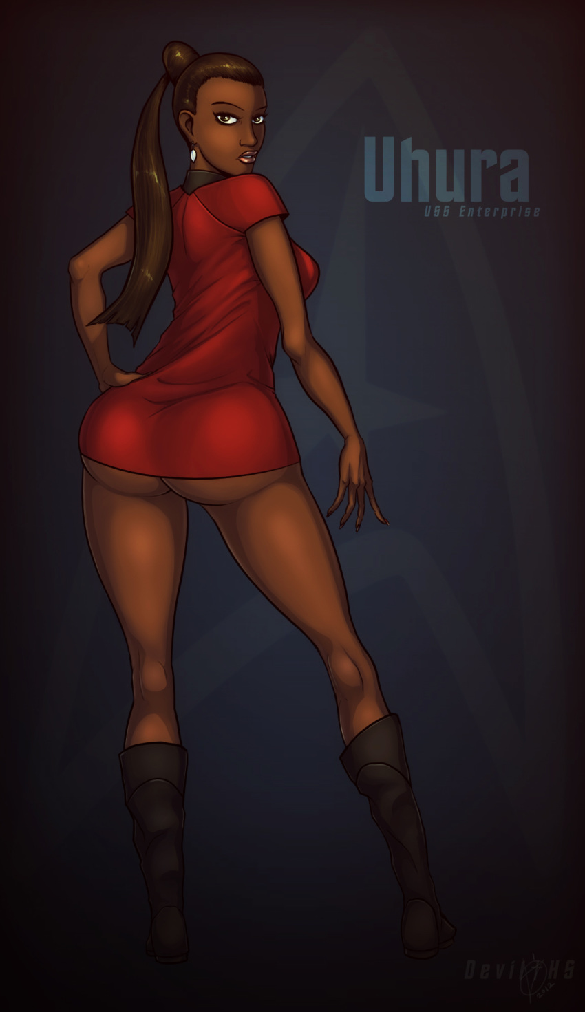 ass bare_legs big_ass big_butt black_hair boots bottomless brown_eyes brown_hair bubble_butt dark_skin devil_hs dress earrings eyelashes female female_focus female_only lipstick nyota_uhura pinup ponytail pose posing red_shirt short_dress solo standing star_trek star_trek_(2009) star_trek_beyond star_trek_into_darkness starfleet_insignia starfleet_uniform text