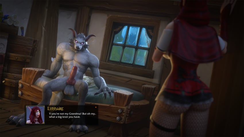 2019 blizzard_entertainment blood_elf canid canid_humanoid canine_penis eastern_kingdoms elwynn_forest female hetero knot large_ass large_penis lynnaire male male/female original_character outfit red_riding_hood tektah warcraft were werecanid werewolf white_fur window worgen world_of_warcraft