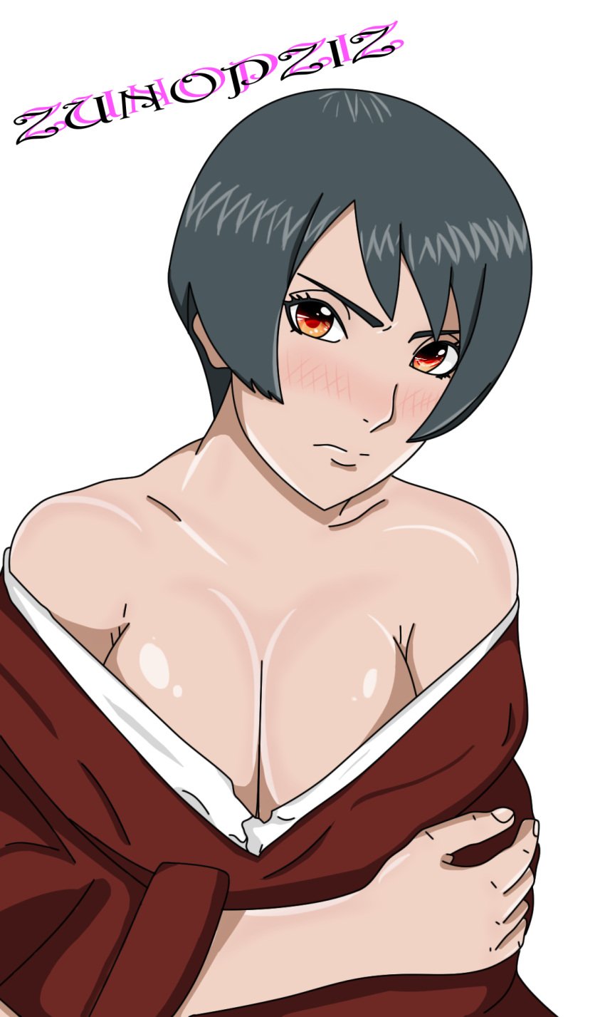 alternate_breast_size arm_under_breasts bare_shoulders big_breasts black_hair blush boruto:_naruto_next_generations breasts brown_eyes cleavage clothed clothing clothing_pull embarrassed female female_only kimono kurotsuchi light-skinned_female light_skin mature mature_female naruto naruto_(series) no_bra presenting presenting_breasts shiny shiny_hair shiny_skin short_hair skindentation solo solo_focus upper_body zunopziz