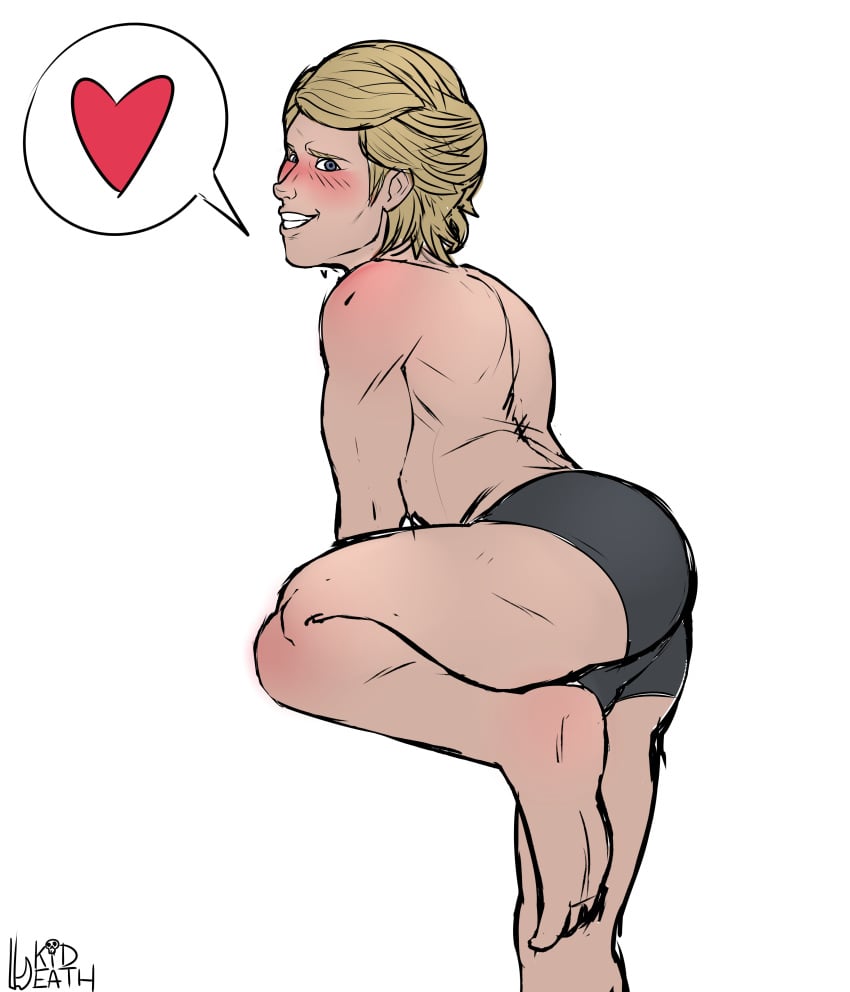 1boy arched_back ass ass_focus barefoot black_underwear blonde_hair blue_eyes blush boxers bubble_butt bulge chad_kensington color digital_media_(artwork) feet friday_the_13th friday_the_13th:_the_game heart human kiddeathx_(artist) light-skinned_male light_skin looking_at_viewer male male_only mostly_nude presenting presenting_ass presenting_hindquarters short_hair smirk solo solo_male speech_bubble teeth uncensored underwear white_background