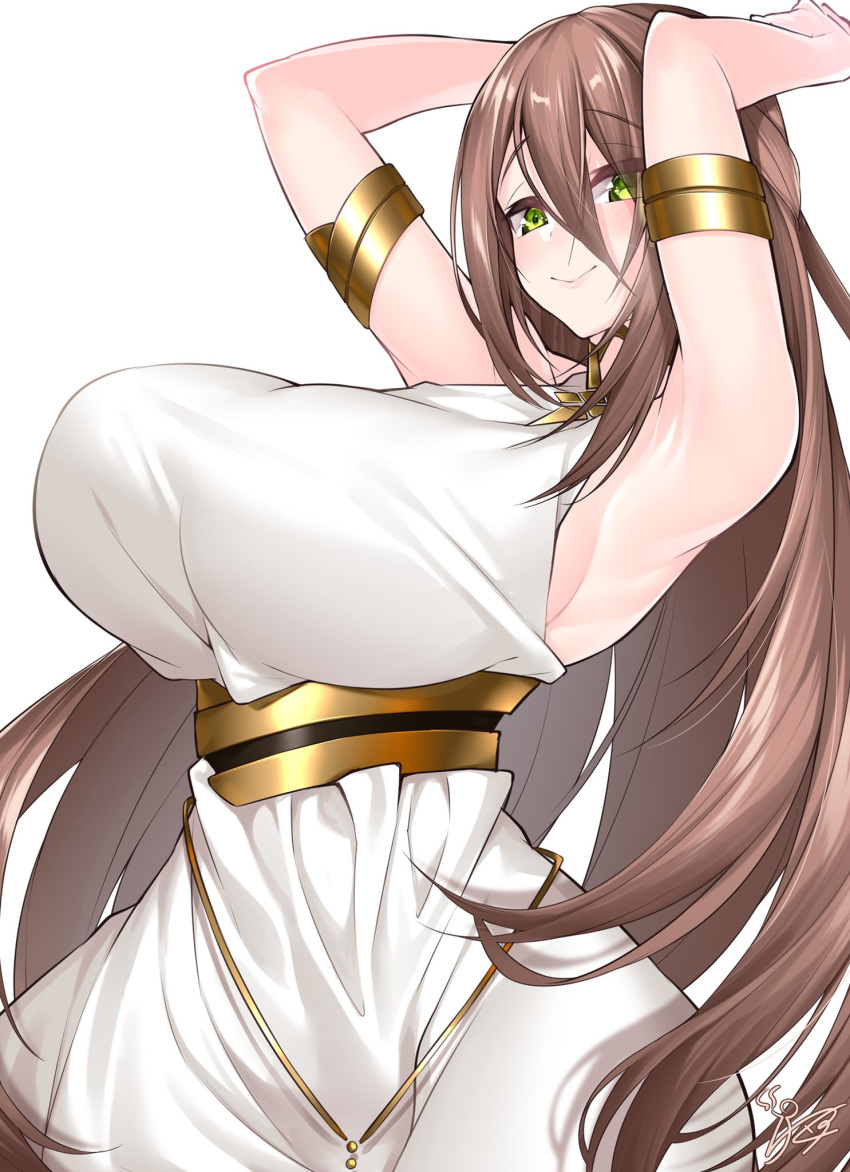 1girls adele_(fate/grand_order) armpits arms_behind_head arms_up blush brown_hair dress fate/grand_order fate_(series) green_eyes huge_breasts long_hair looking_at_viewer pale-skinned_female smile toga watosu_(watosu_mama)