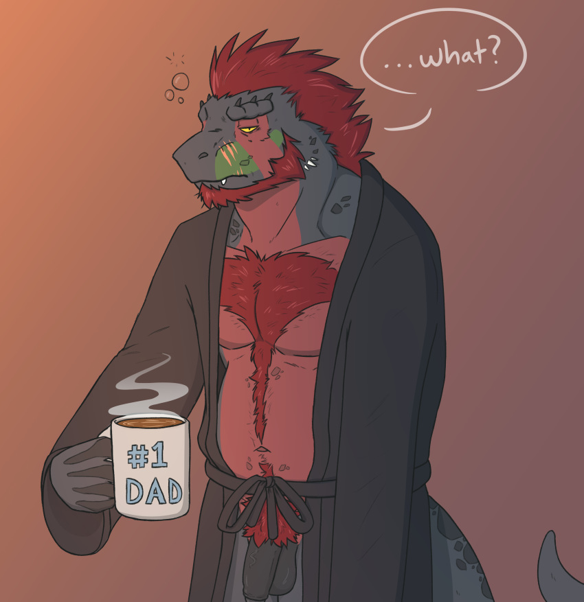 absurd_res anthro beard beverage black_penis clothing coffee cup dinosaur facial_hair fangs hair hi_res humanoid_penis male male_only mostly_nude navel open_robe penis pubes red_hair reptile robe scalie solo speech_bubble tagg tired unpopularwolf