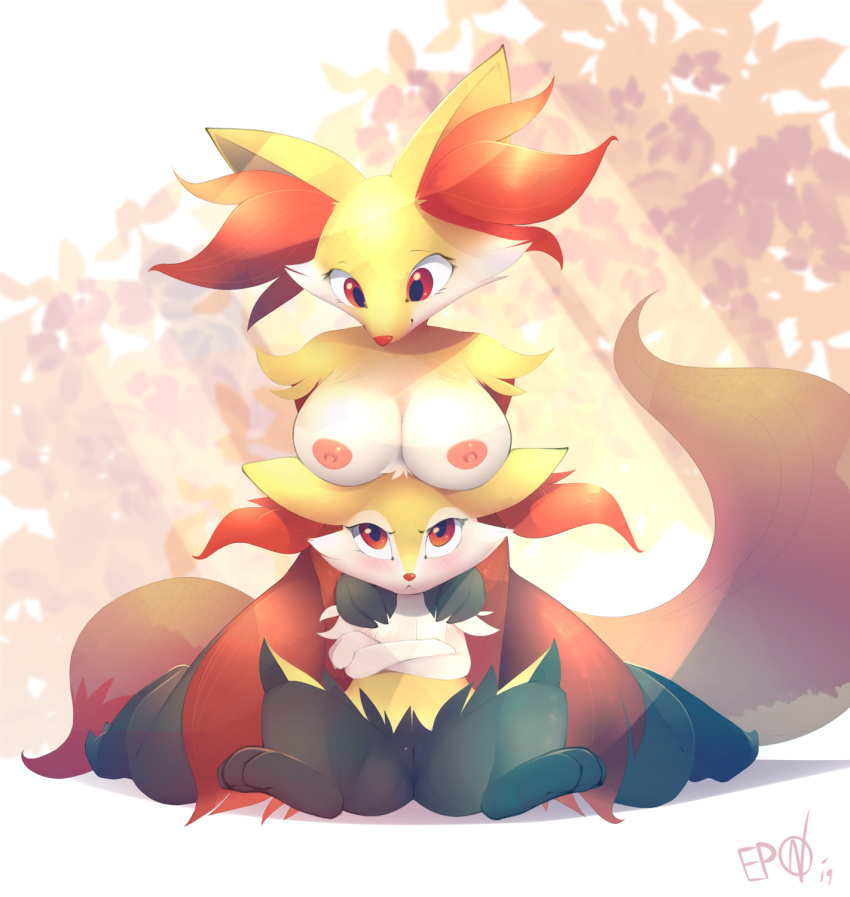 2girls annoyed anthro ass b-epon big_breasts black_body black_fur blush boob_hat braixen breasts canid canine cheek_tuft claws crossed_arms delphox digital_media_(artwork) digitigrade duo face_tuft female fur grabbing_from_behind hi_res inner_ear_fluff larger_female mammal multicolored_body multicolored_fur multiple_girls nintendo nipples paws pokémon_(species) pokemon pokemon_(species) pokemon_xy pussy red_body red_eyes red_fur size_difference smaller_female smile spread_legs spreading text thick_thighs tuft video_games watermark wide_hips yellow_body yellow_fur