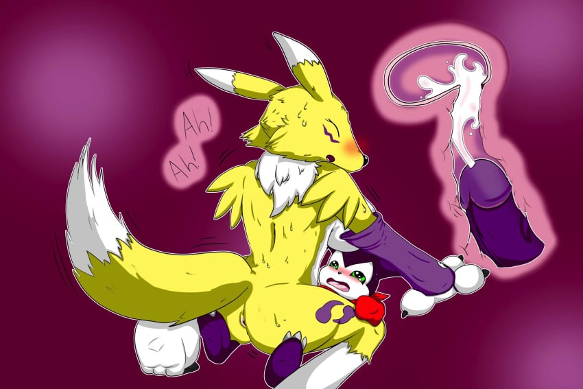 anthro anthro_on_anthro anus bodily_fluids canid canine cum cum_in_pussy cum_in_uterus cum_inside digimon digimon_(species) duo female female_penetrated fur genital_fluids hi_res humanoid_penis impmon internal larger_female male mammal penetration penis renamon simple_background size_difference smaller_male straight tinydevilhorns tinydevilhorns_(artist) uterus vaginal_penetration white_body white_fur yellow_body yellow_fur