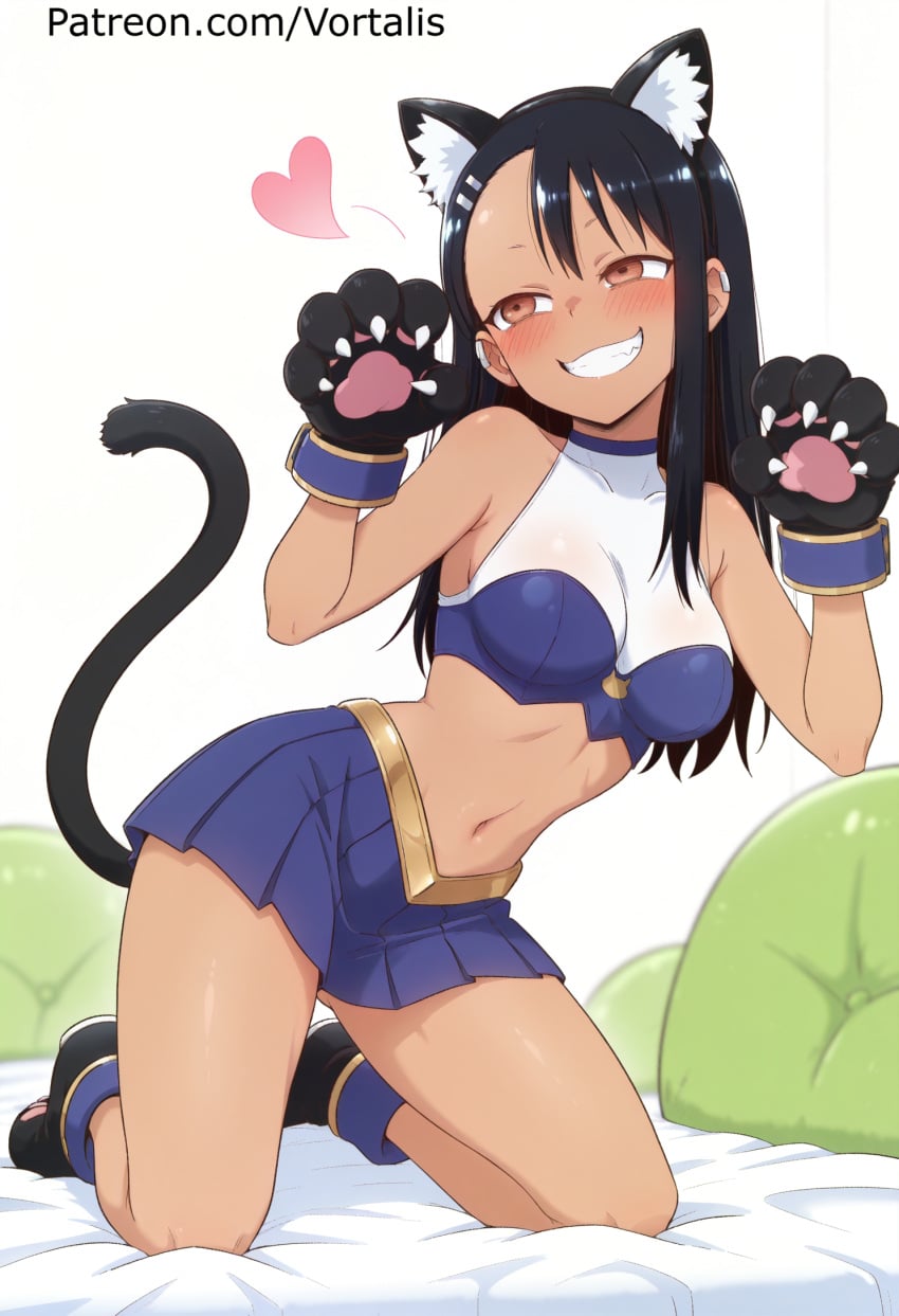 1girl ai_generated animal_ear_fluff animal_ears animal_hands bangs bare_shoulders black_footwear black_hair blue_skirt blush breasts brown_eyes cat_ears cat_paws cat_tail crop_top dark-skinned_female dark_skin fake_animal_ears gloves grin hair_ornament hairclip hayase_nagatoro heart kneeling long_hair medium_breasts midriff miniskirt navel paw_gloves paw_shoes pillow please_don't_bully_me,_nagatoro pleated_skirt shoes skirt smile solo tail vortalis white_background