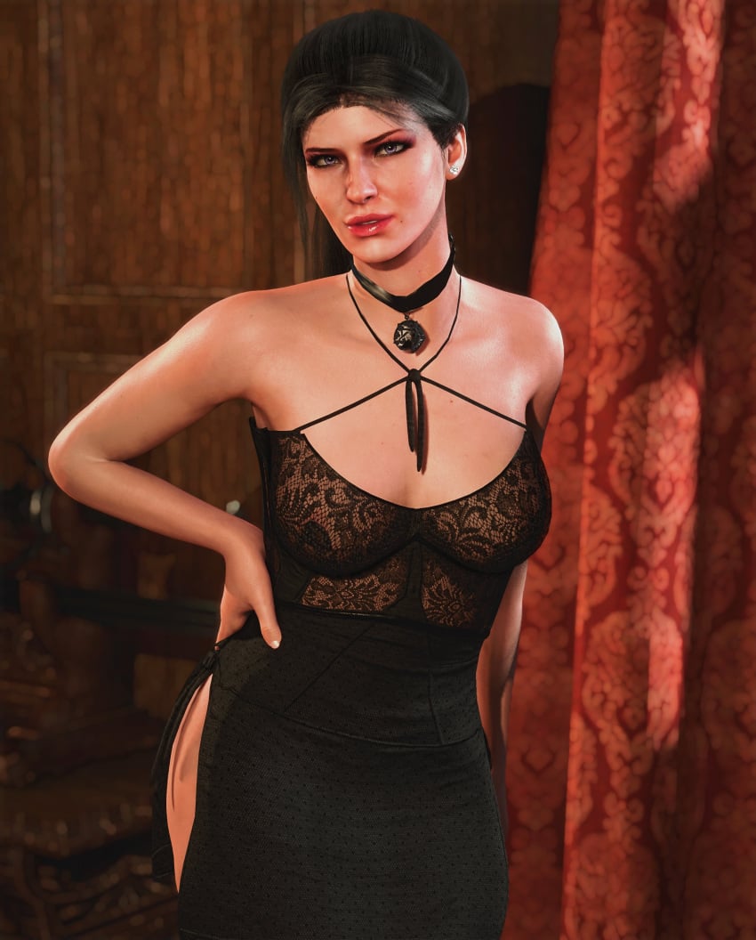 1girls 3d black_hair boomoon6 breasts cd_projekt_red choker clothing earrings female light-skinned_female light_skin looking_at_viewer mascara necklace nipples_visible_through_clothing purple_eyes solo solo_female the_witcher_(series) the_witcher_3:_wild_hunt virt-a-mate yennefer