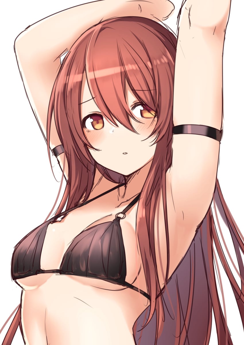 1girls absurd_res armband armpits arms_up bikini bikini_top_only blush breasts brown_eyes brown_hair commentary female_focus highres hiraga_matsuri idolmaster idolmaster_shiny_colors long_hair looking_at_viewer looking_to_the_side medium_breasts navel osaki_tenka parted_lips presenting_own_armpit sideboob simple_background solo strap_gap swimsuit upper_body white_background